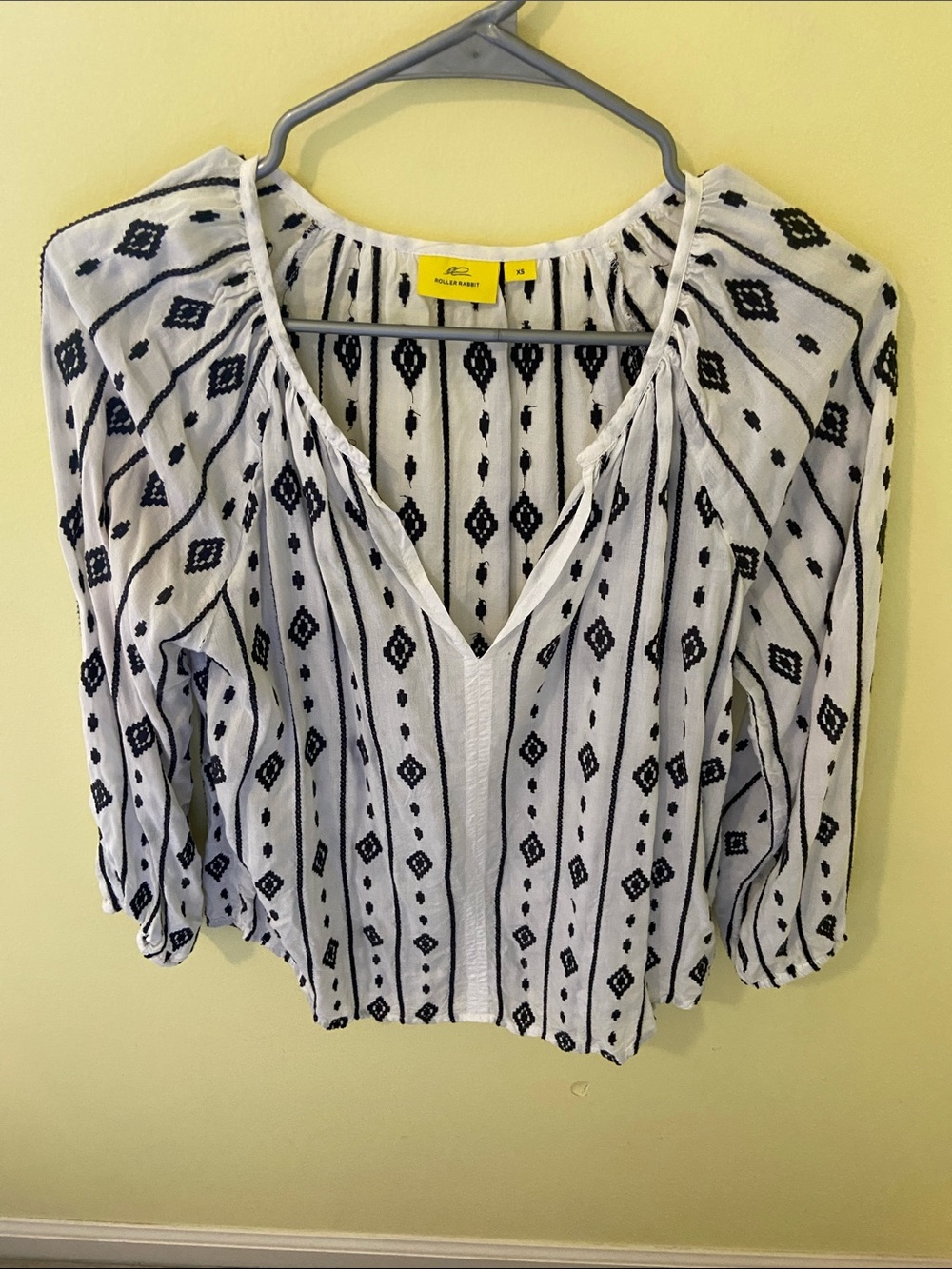 Roller Rabbit White Blouse with Black Geometric Pattern